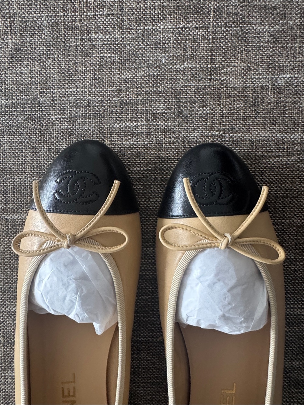 CHANEL Beige and Black Cap-Toe Leather Ballet Flats - Picture 8 of 10